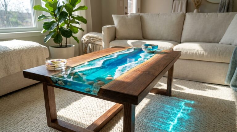 Epoxy resin creations: walnut coffee table with a glowing turquoise ocean resin river, seashells and flower coasters