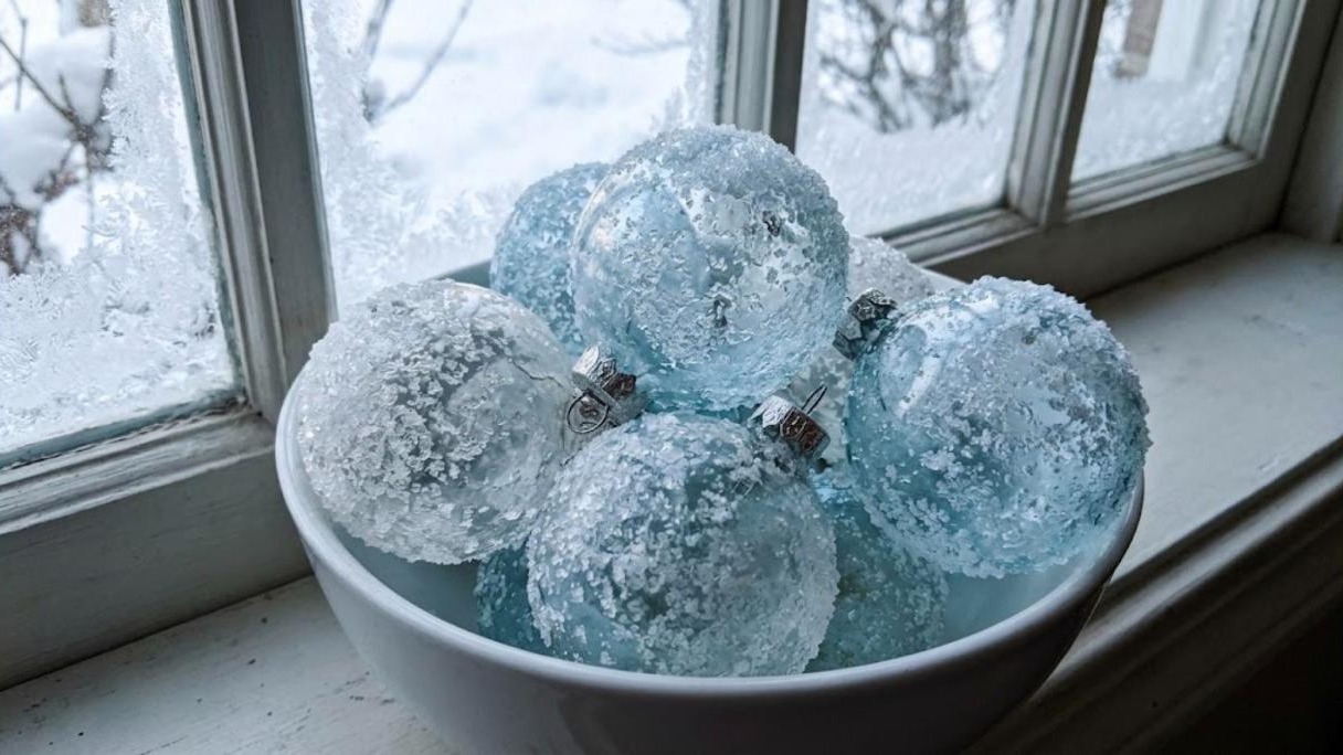 Faux frosted ornament makeovers with icy Epsom salt crystals in a white bowl by a frosty window