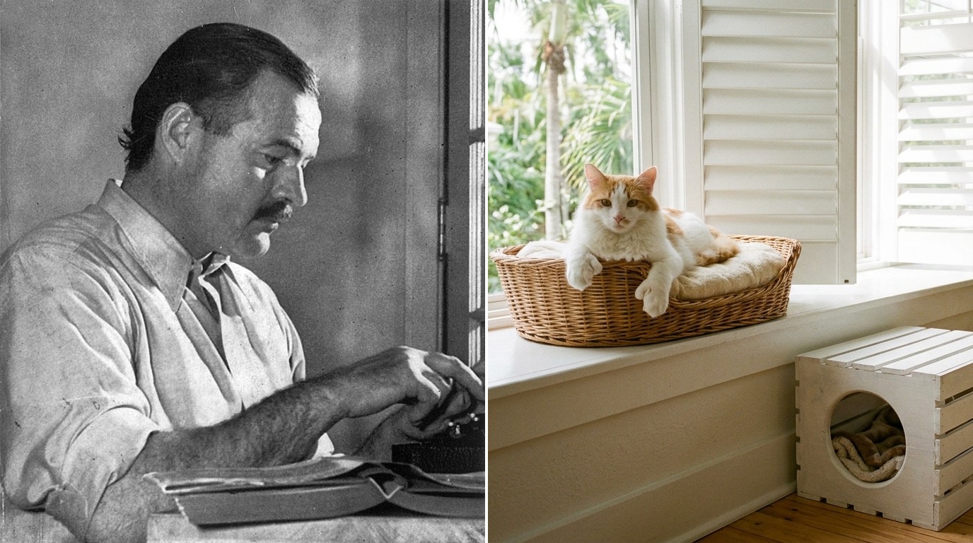 Ernest Hemingway cats cover: Hemingway at his typewriter beside a wicker window cat bed and crate cat house