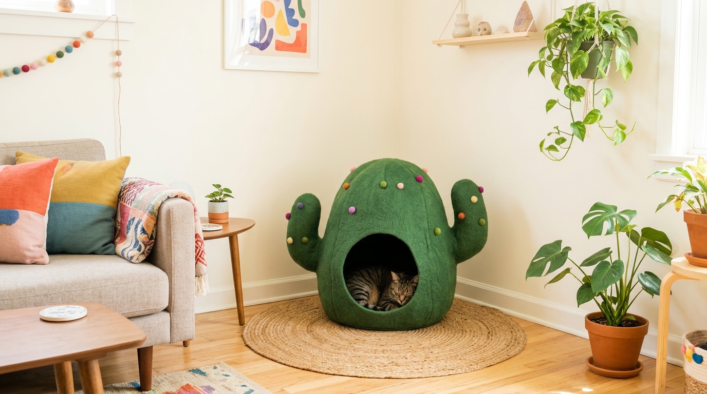 Evan and Katelyn DIY style felt cactus cat bed in a bright living room with a tabby cat sleeping inside