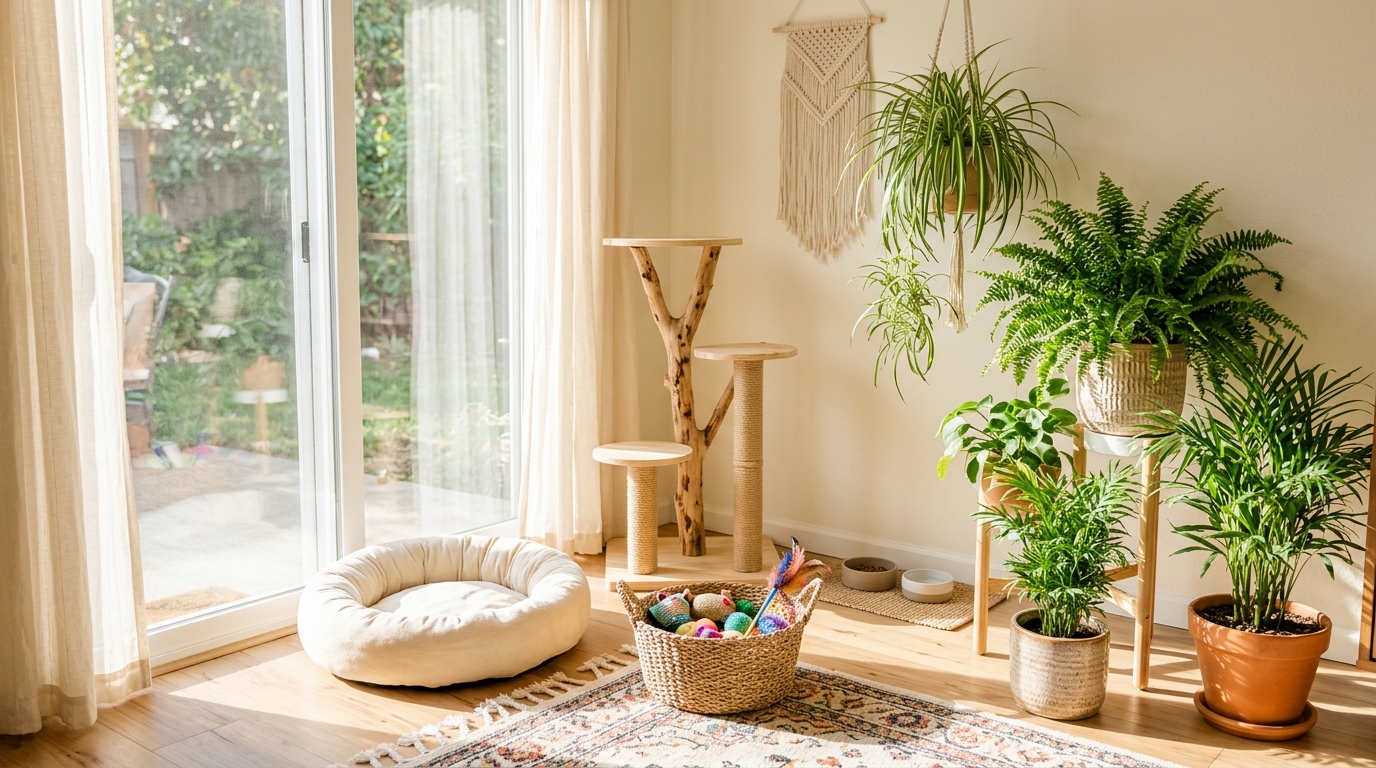 Indoor pet corner by a glass door with a cat bed, potted plants and a small cat tree