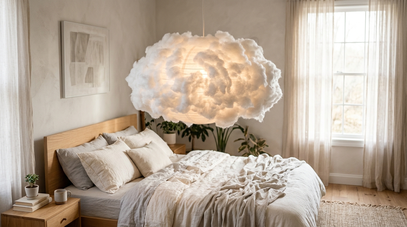 Evan and Katelyn DIY cloud lamp made of fiberfill glowing over a bed in a bright bedroom