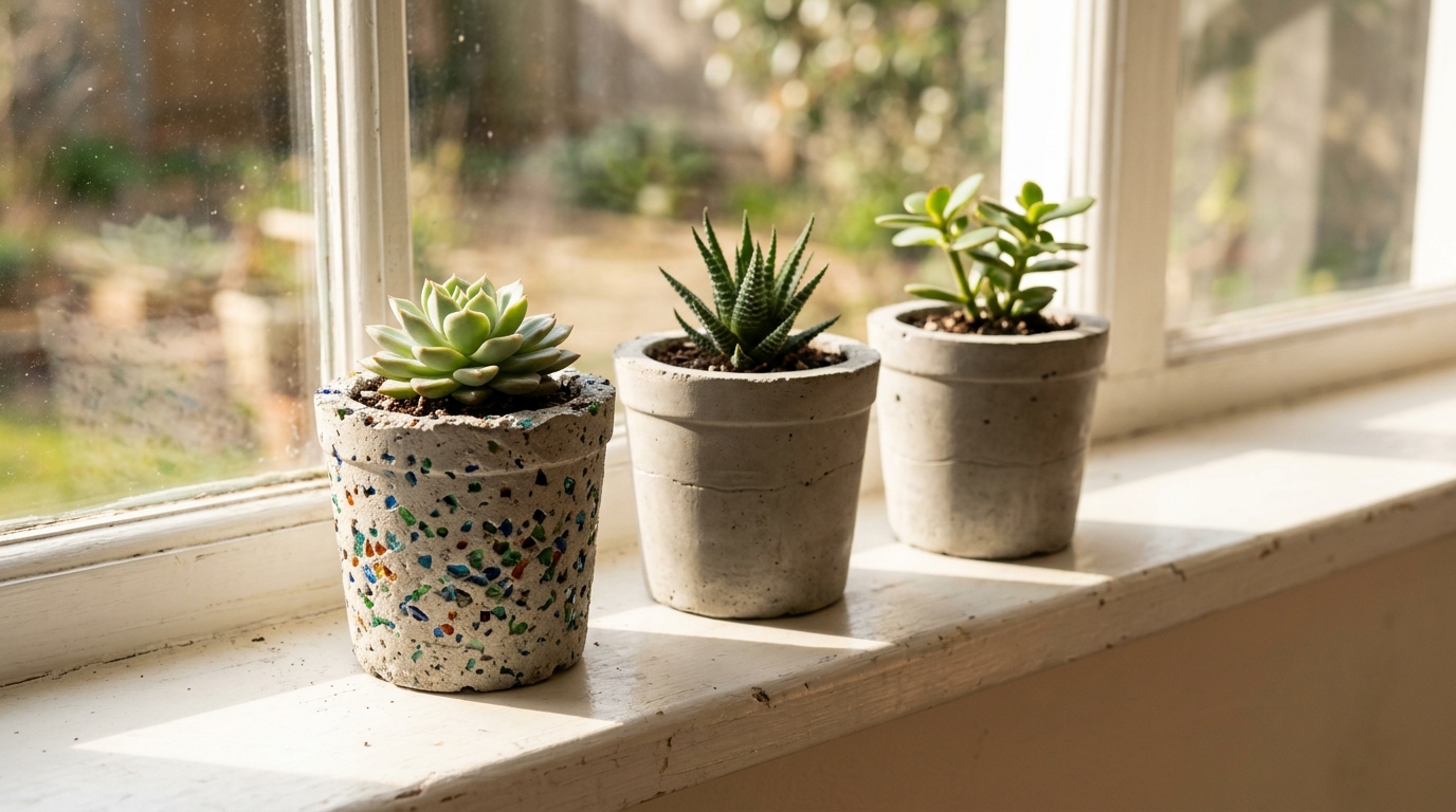 Evan and Katelyn DIY inspired grey cement planters made in yogurt cups with succulents on a sunny windowsill