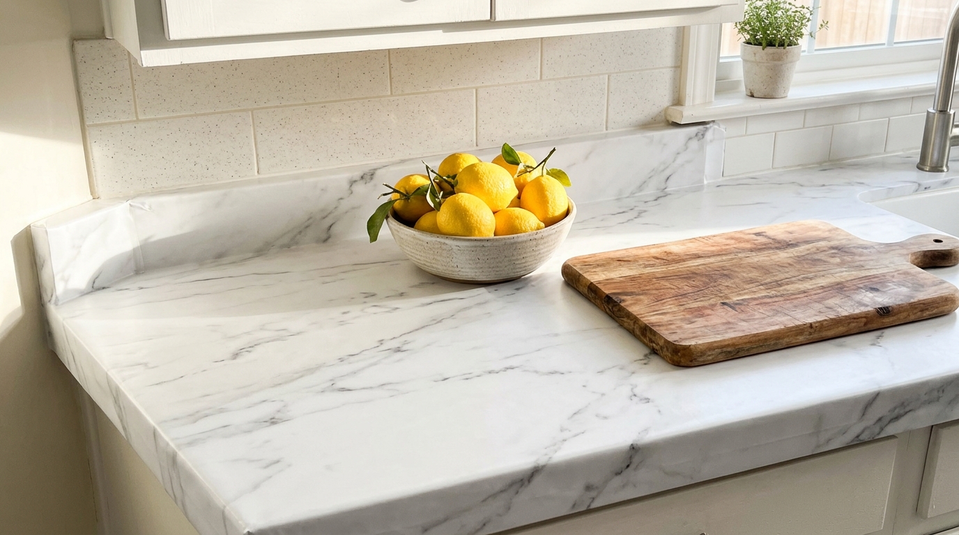 Kitchen counter covered with white marble look peel and stick film with lemons