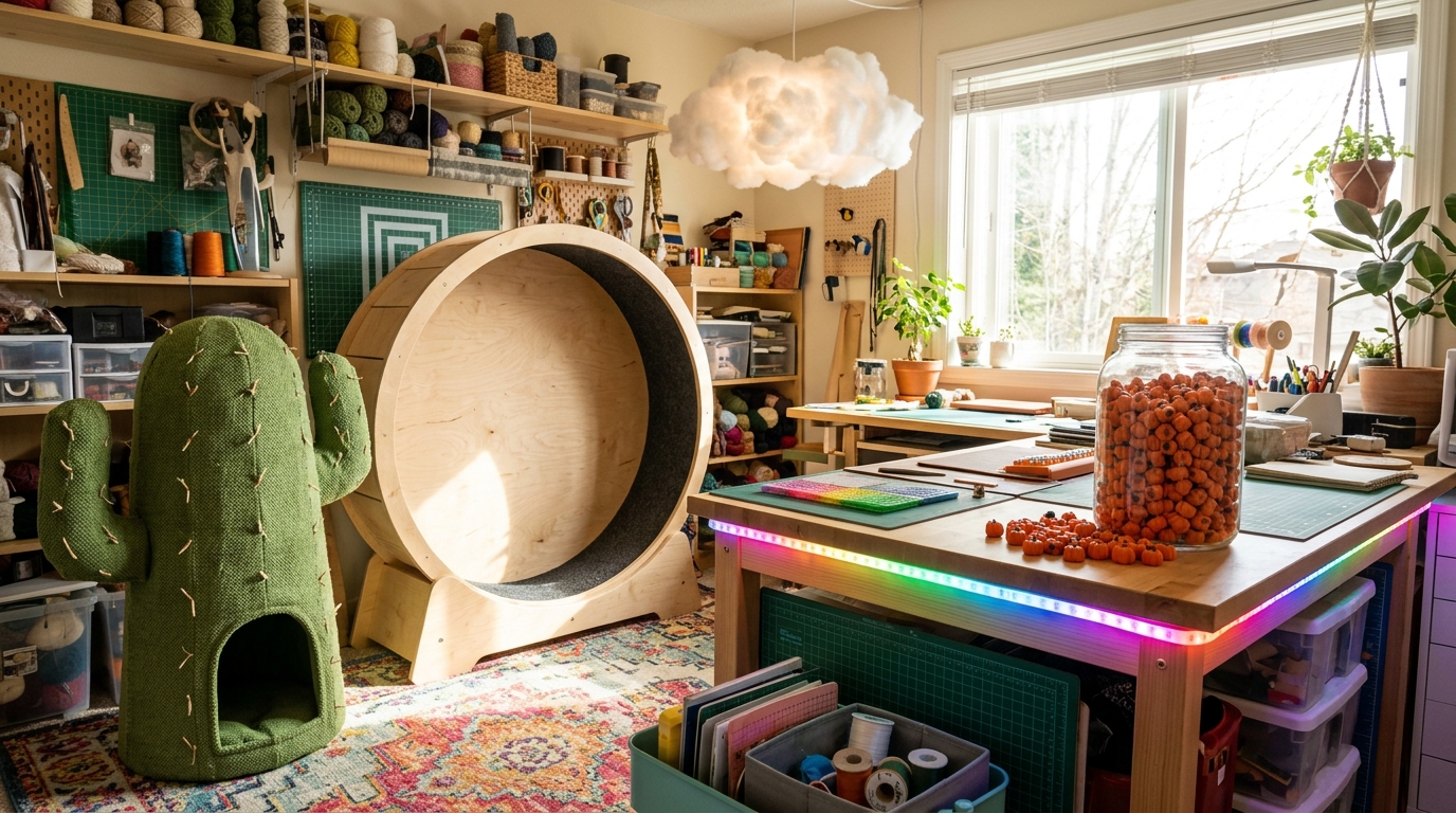 Evan and Katelyn DIY inspired maker room with a cactus cat bed, a cloud lamp, a rainbow lit desk and a jar of tiny pumpkin keycaps