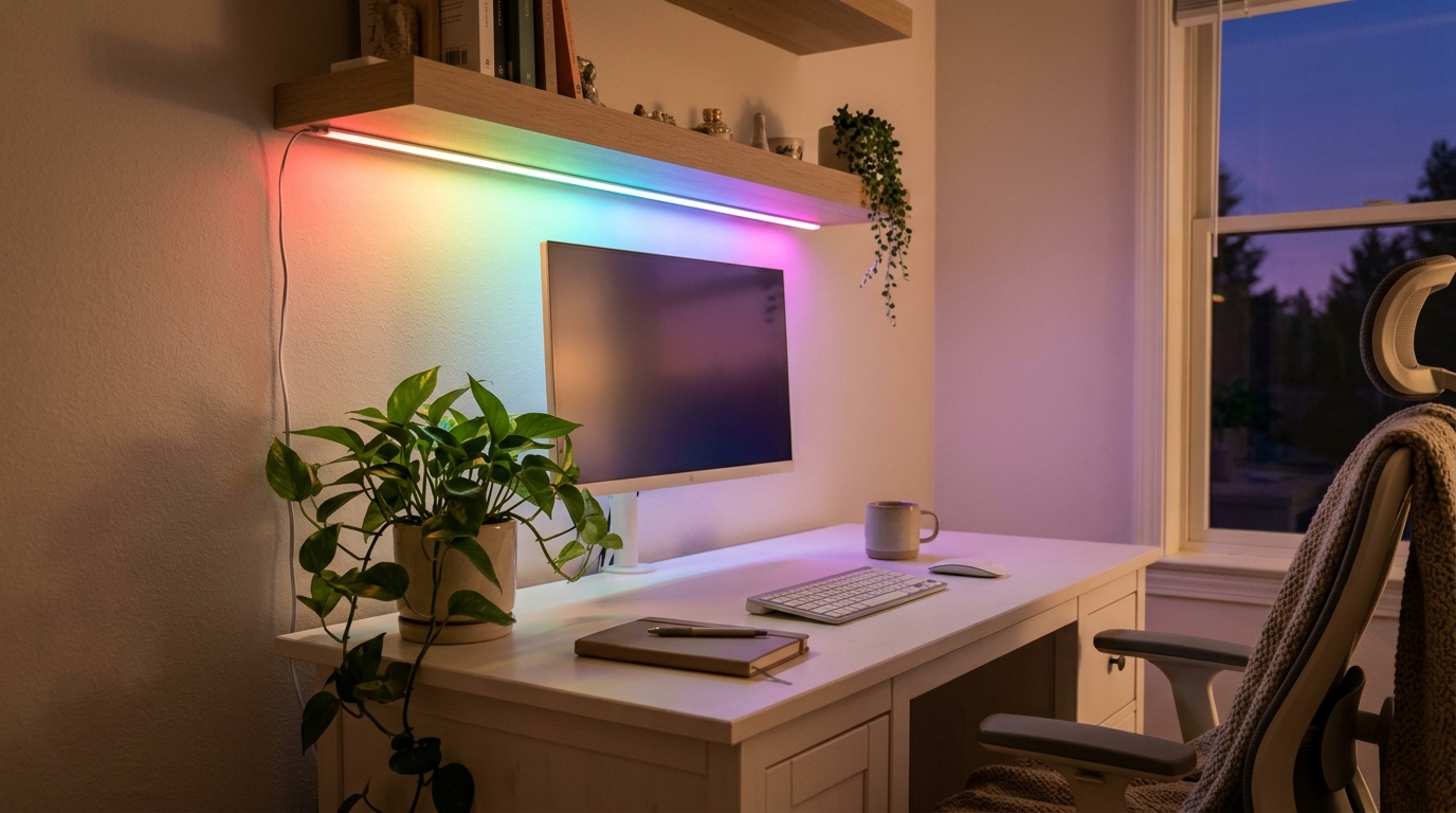 Evan and Katelyn DIY inspired white desk with a soft rainbow LED strip glowing under a floating shelf