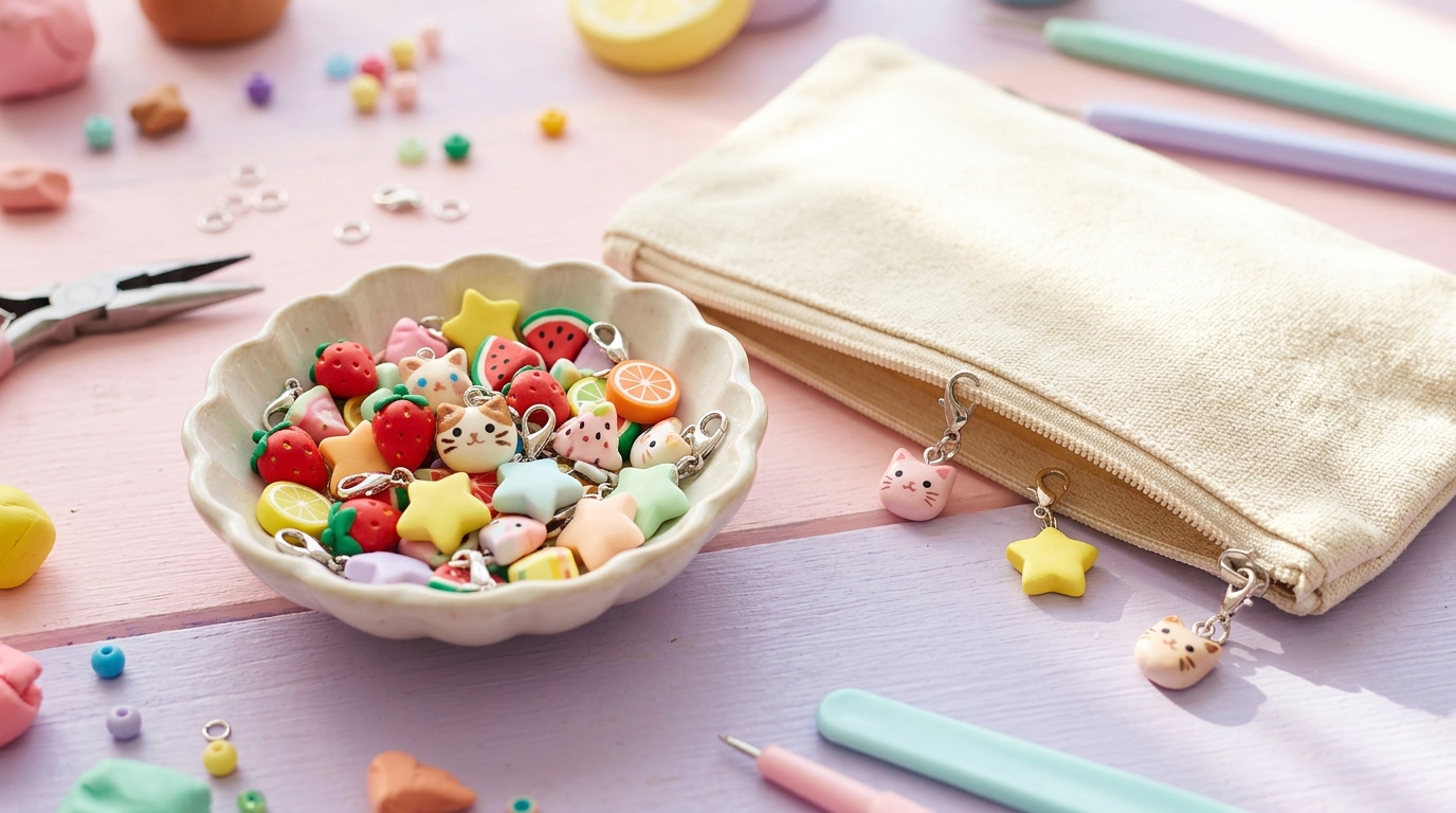 Bowl of handmade polymer clay charms clipped onto zipper pulls of a pencil pouch