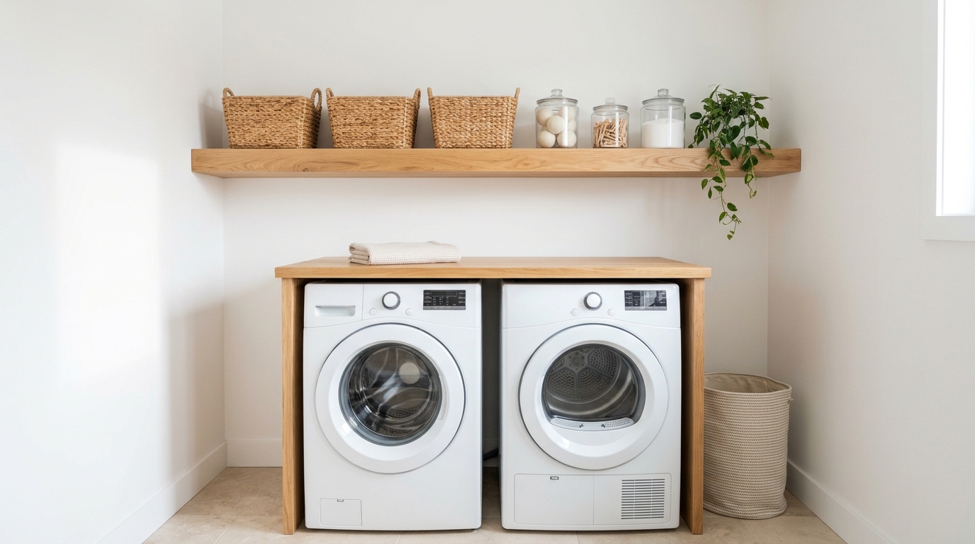 Evan and Katelyn DIY style laundry room with a wooden shelf above the washer holding woven baskets and jars