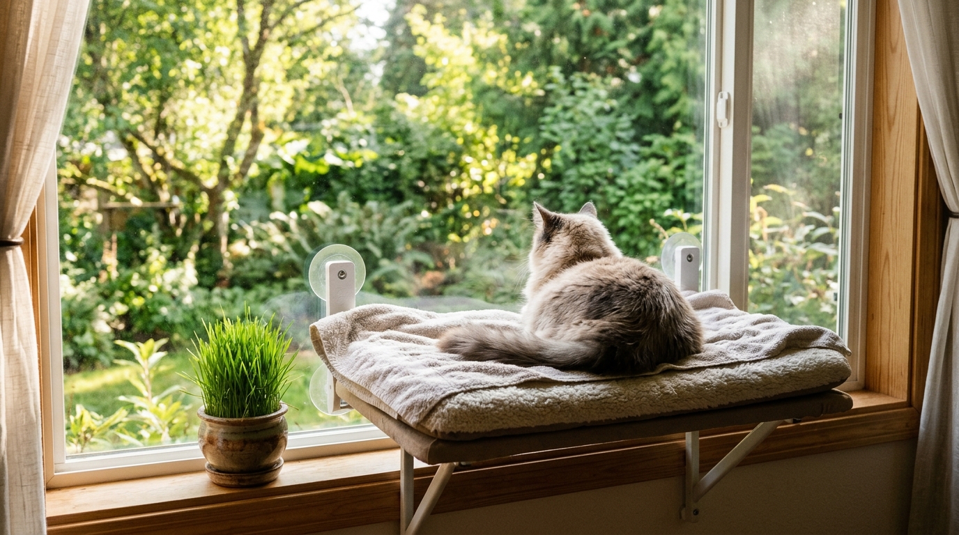 Evan and Katelyn DIY inspired cushioned cat window perch on a sunny window with cat grass and a garden view