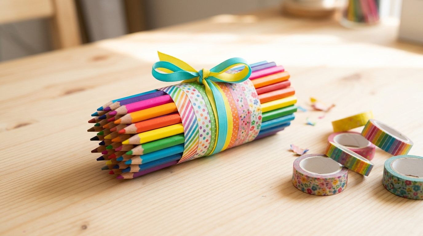 Bundle of pencils wrapped in rainbow washi tape tied with a ribbon