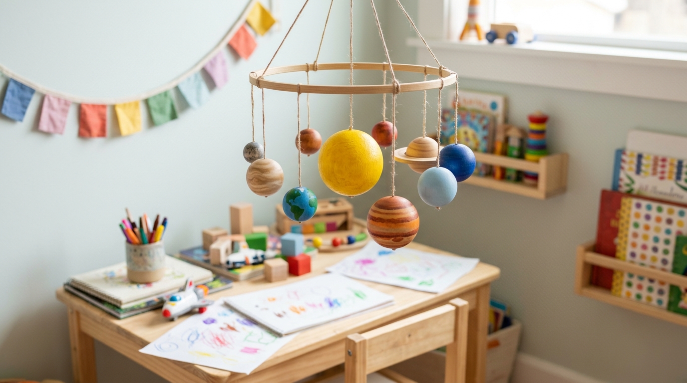 Hanging mobile of painted wooden bead planets around a yellow sun bead