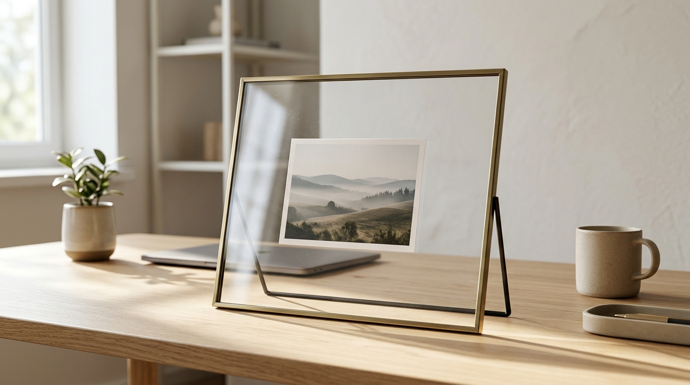 Clear double glass frame with a photo floating between two panes on a desk