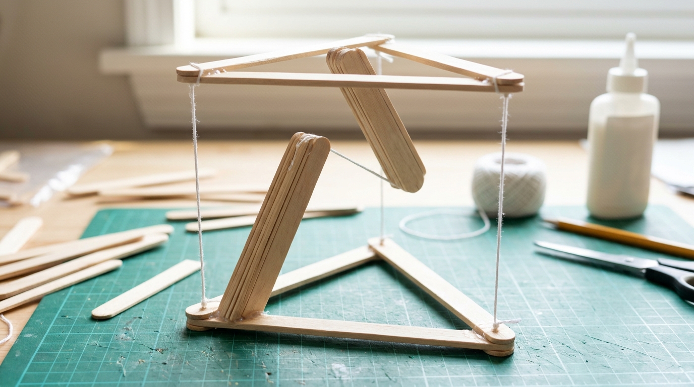 Craft stick tensegrity model table floating on white string on a desk