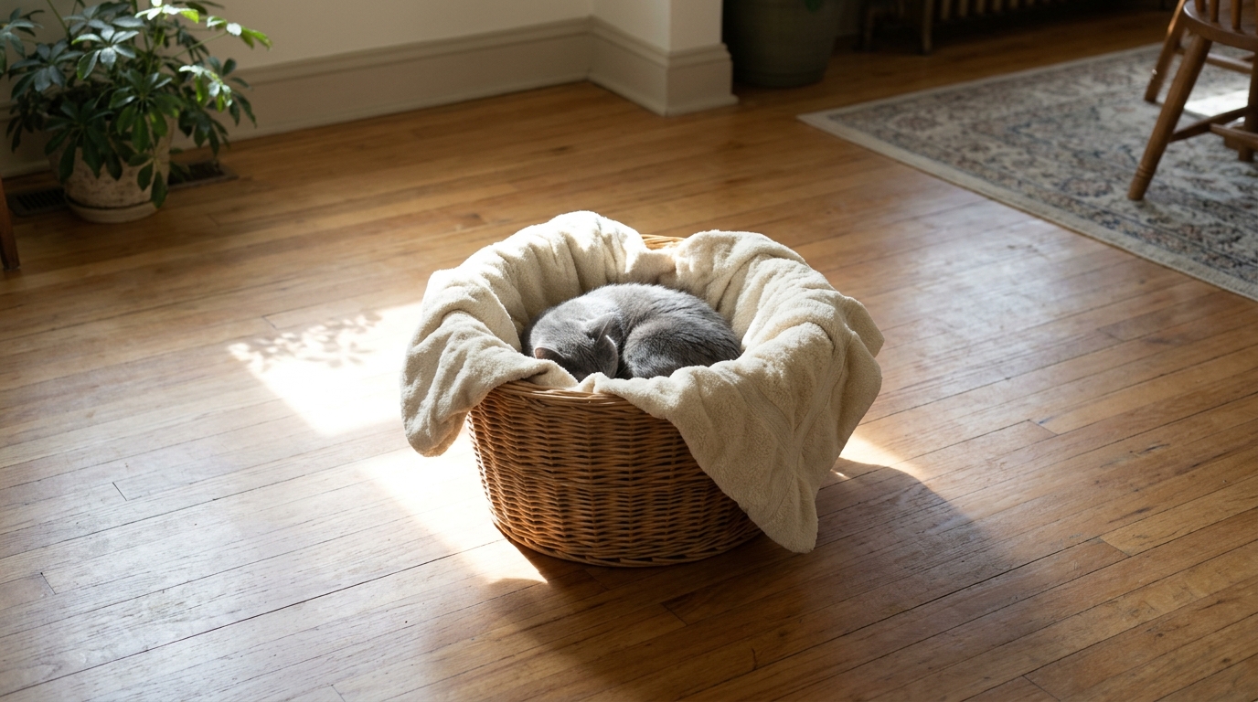Woven basket lined with a cream towel in a patch of sun with a grey cat sleeping