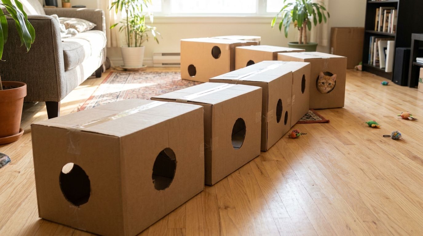 Cardboard box cat tunnel with round holes across a sunny living room floor