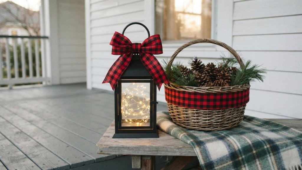 Lantern tied with a buffalo check bow and filled with fairy lights on a porch bench