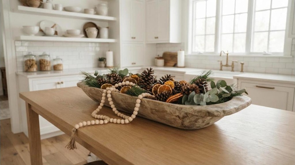 Fall to Christmas decor wooden dough bowl with pinecones, dried oranges and greenery