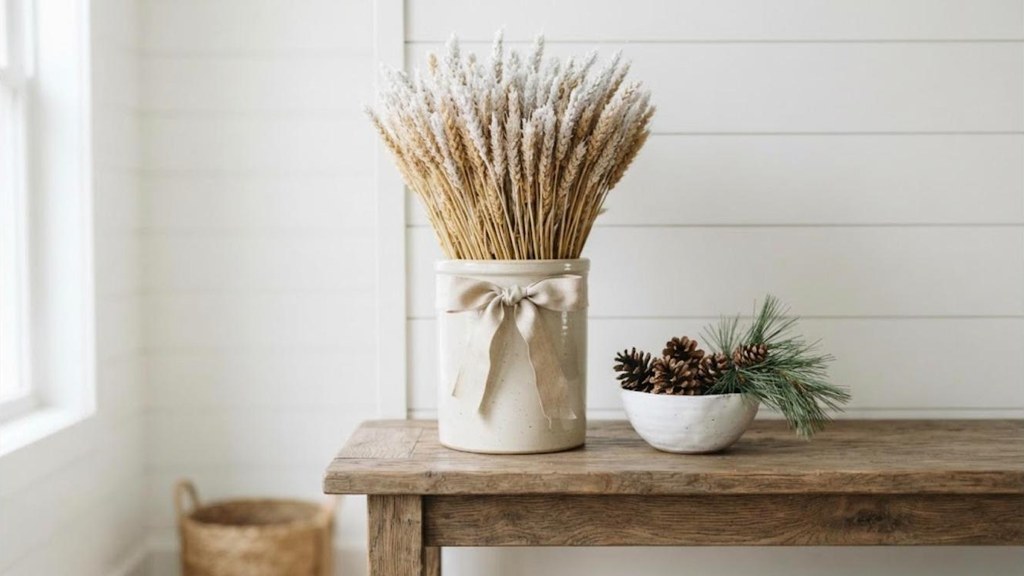 Dried wheat bundle brushed with white paint and sparkling Epsom salt frost in a crock