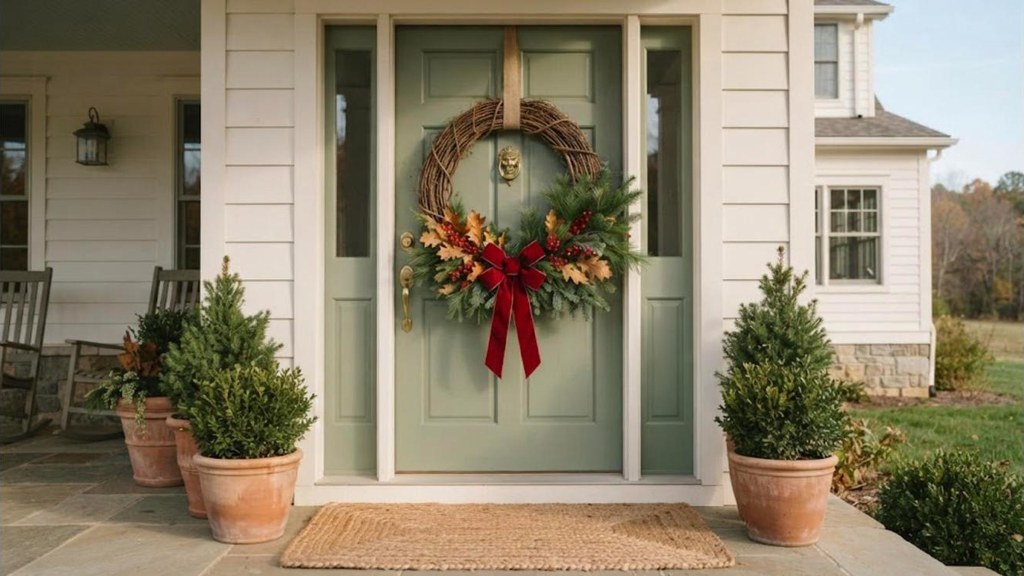 Grapevine wreath with pine sprigs, red berries and a velvet bow on a front door