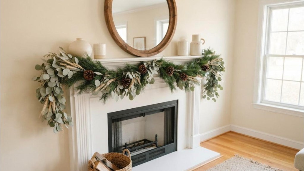 Fall to Christmas decor mantel with pine garland layered over eucalyptus garland