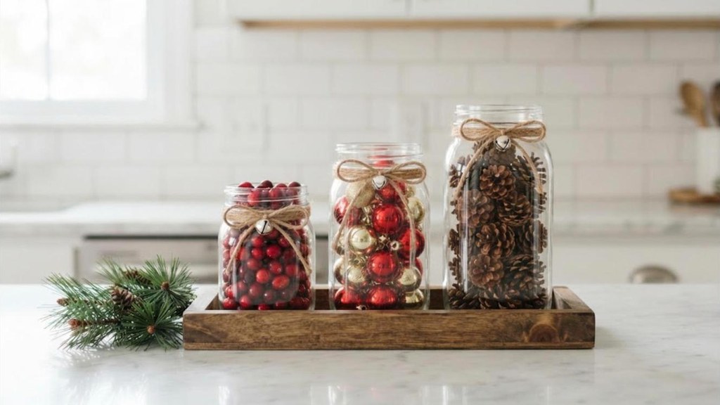 Mason jars filled with faux cranberries, mini ornaments and pinecones on a kitchen counter