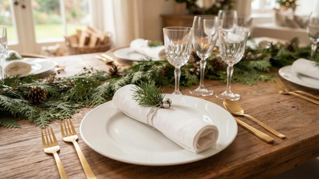 Fall to Christmas decor white napkins with pine and bell napkin rings on a set table