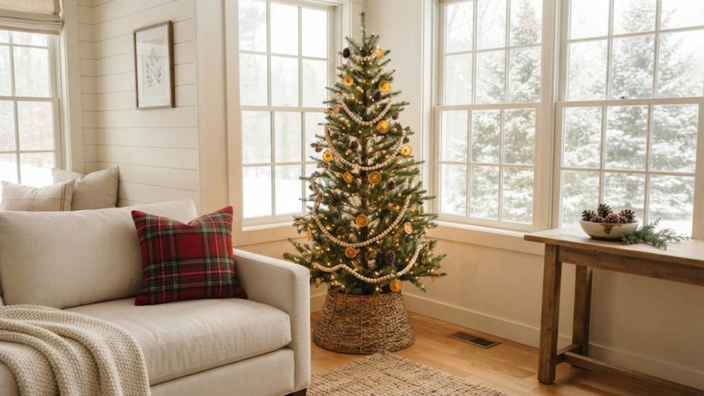 Fall to Christmas decor slim tree with wood beads, pinecones and dried orange slices