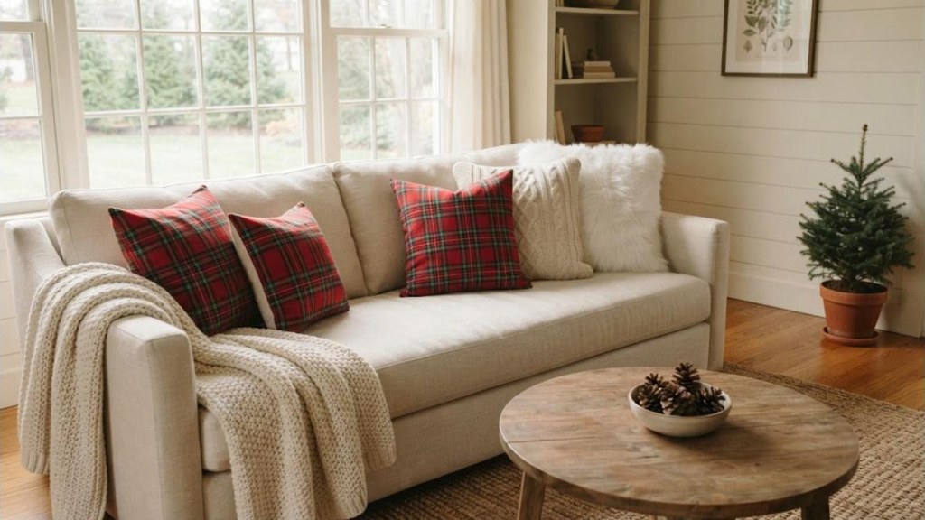 Fall to Christmas decor red plaid no-sew pillow covers on a cream sofa