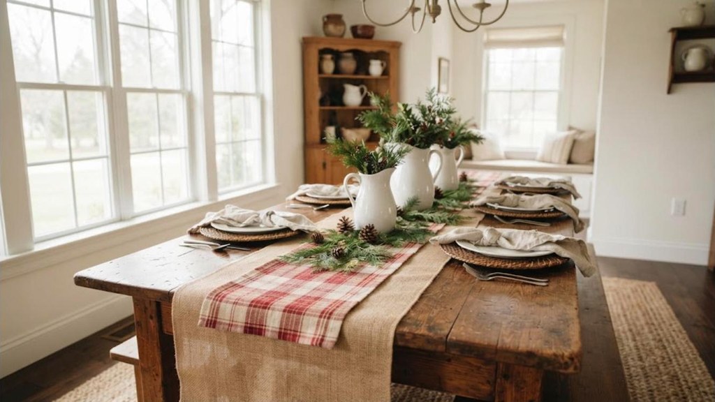 Burlap table runner topped with a red plaid fabric strip and cedar sprigs on a dining table