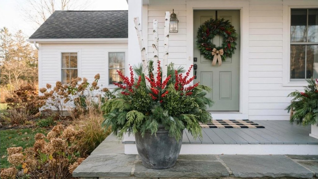 Fall to Christmas decor front porch planter with evergreens, birch branches and red berries