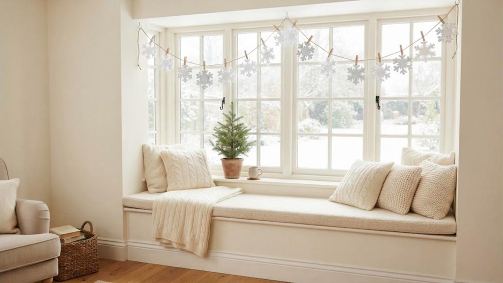 White felt snowflake garland hanging on jute twine across a living room window