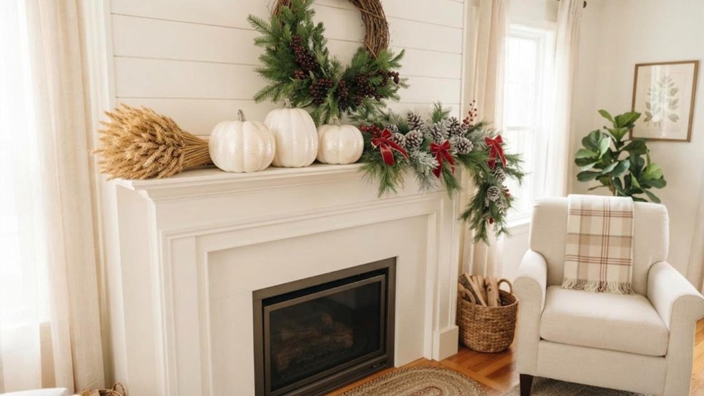 Fall to Christmas decor mantel with snowy white glitter pumpkins and pine garland
