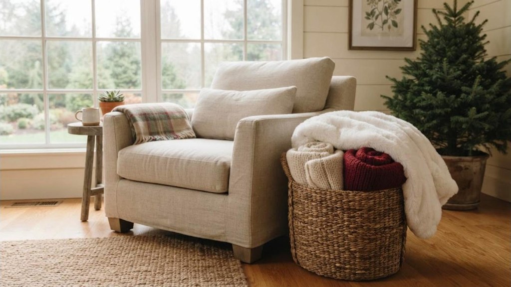 Thrifted woven basket holding cream and red knit throws beside an armchair