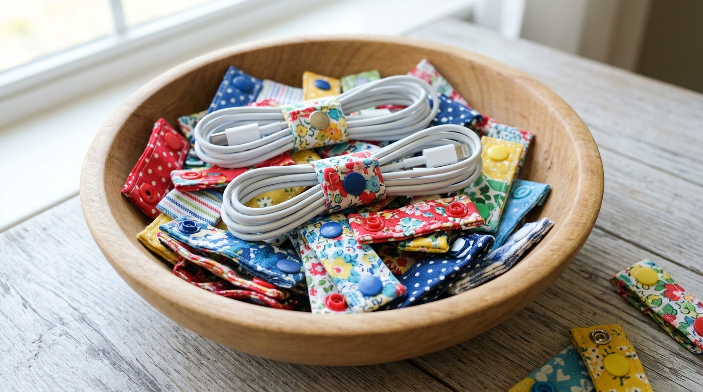 Wooden bowl of bright cotton cord keepers with snaps wrapped around white cables