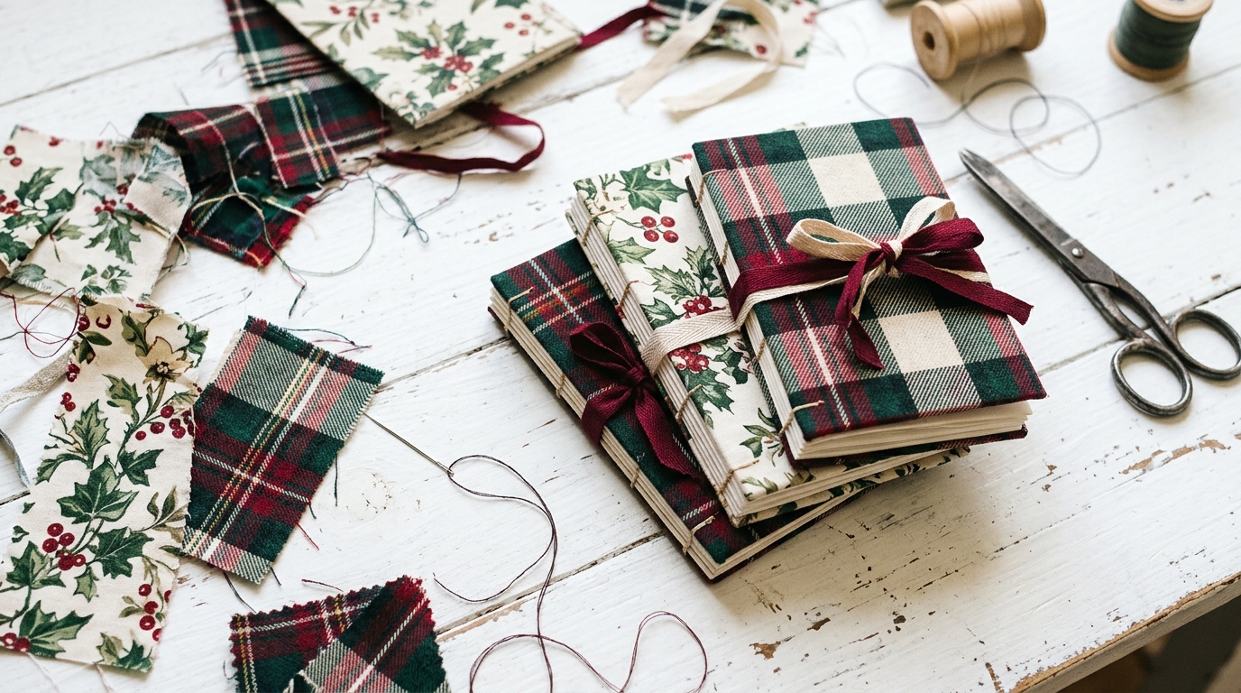 Mini notebooks covered in plaid and holly print fabric and tied with ribbon