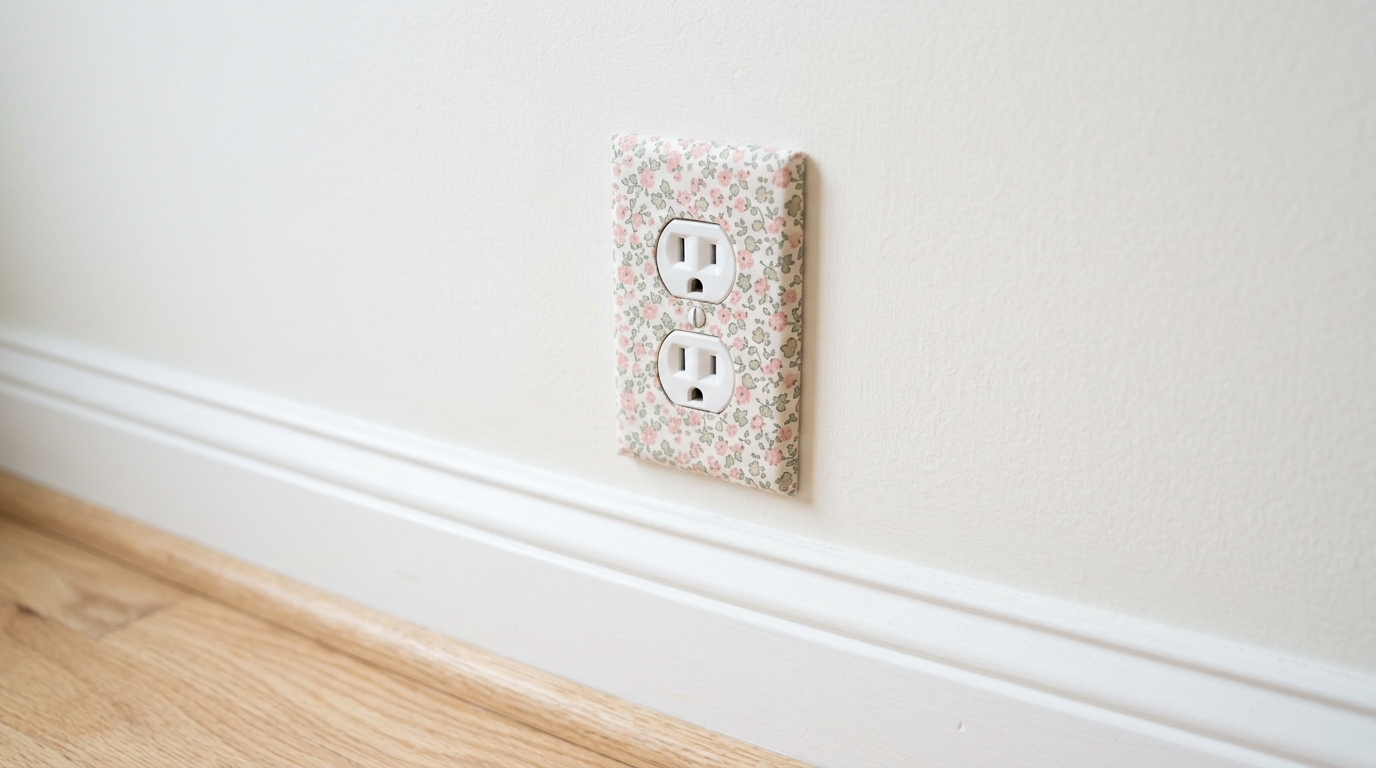 Fabric covered outlet plate in a small floral print on a white wall