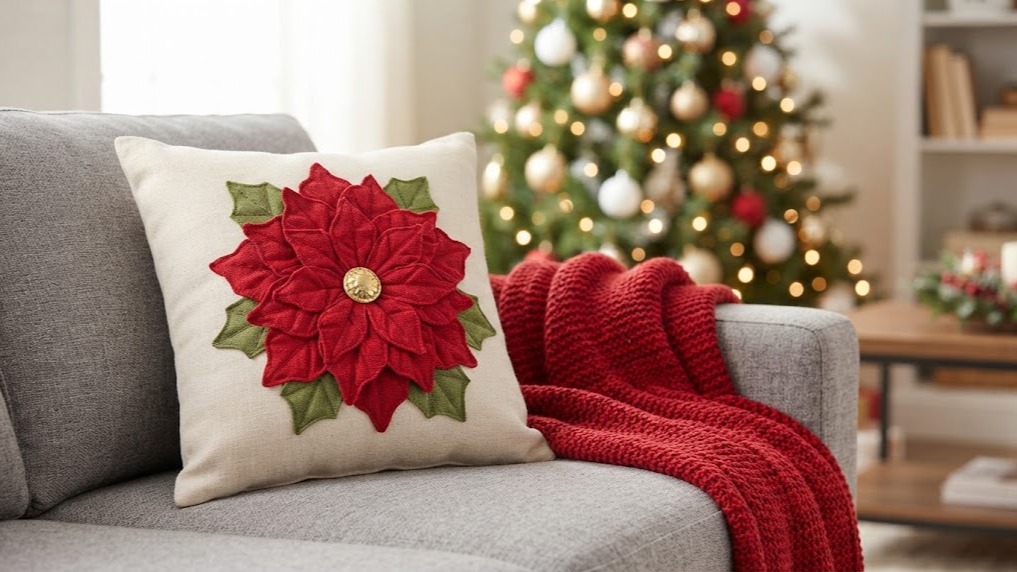 A cream linen pillow with a red fabric poinsettia applique and gold button center on a sofa