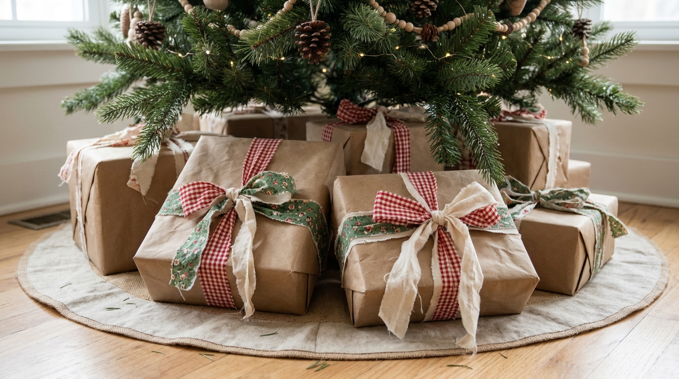 Kraft paper gifts tied with bows made from fabric scraps