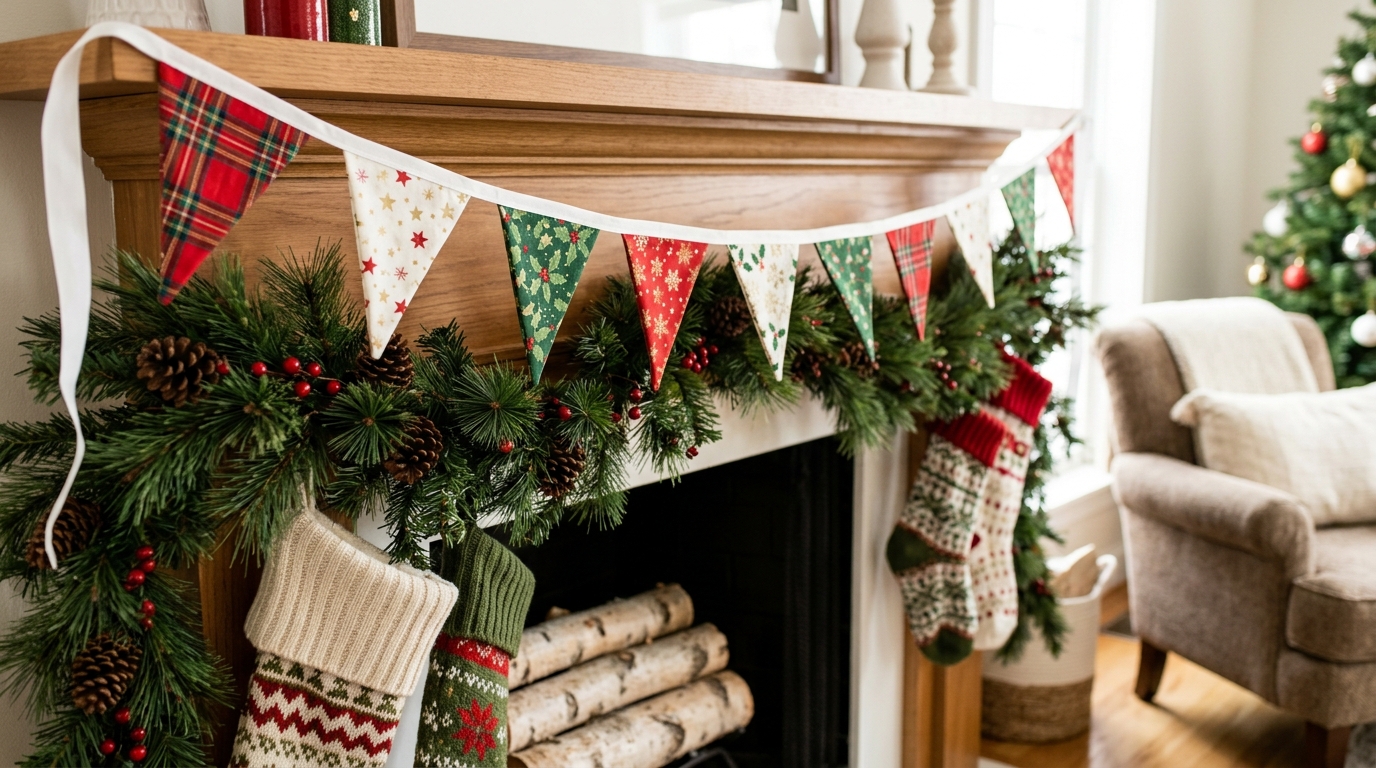 Triangle fabric bunting across a Christmas mantel