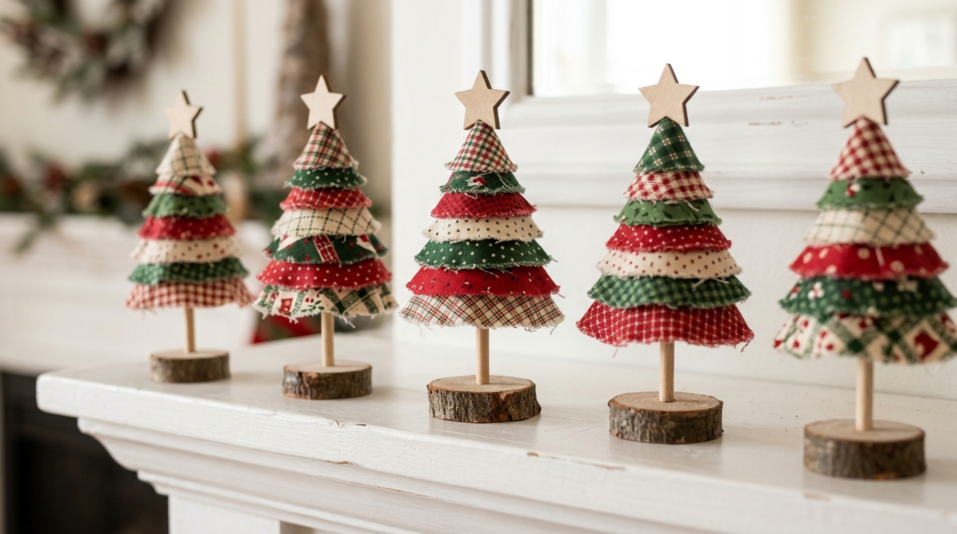 Fabric scrap Christmas crafts trees made from stacked fabric circles on a mantel