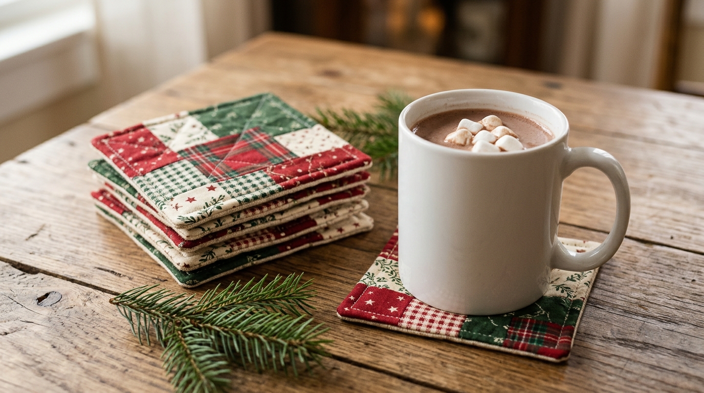 Christmas fabric coasters under a mug of hot cocoa