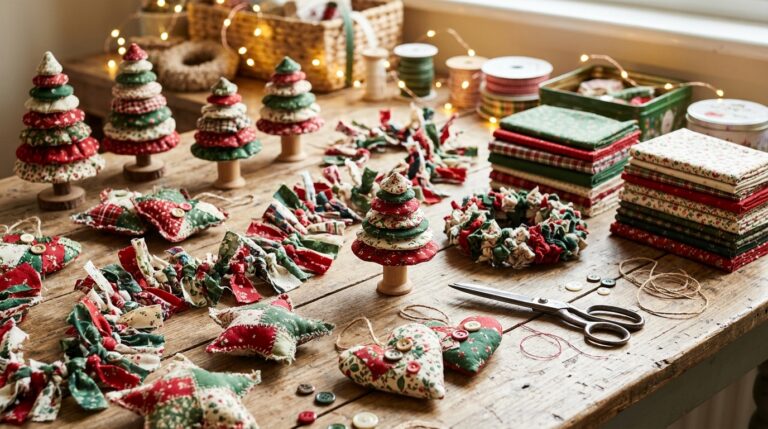 Fabric scrap Christmas crafts on a table with mini trees, garland and patchwork stars