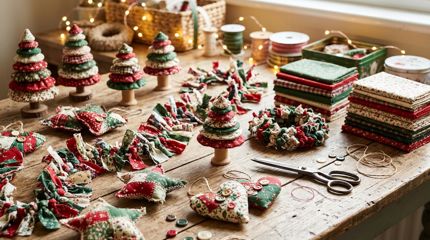 Fabric scrap Christmas crafts on a table with mini trees, garland and patchwork stars