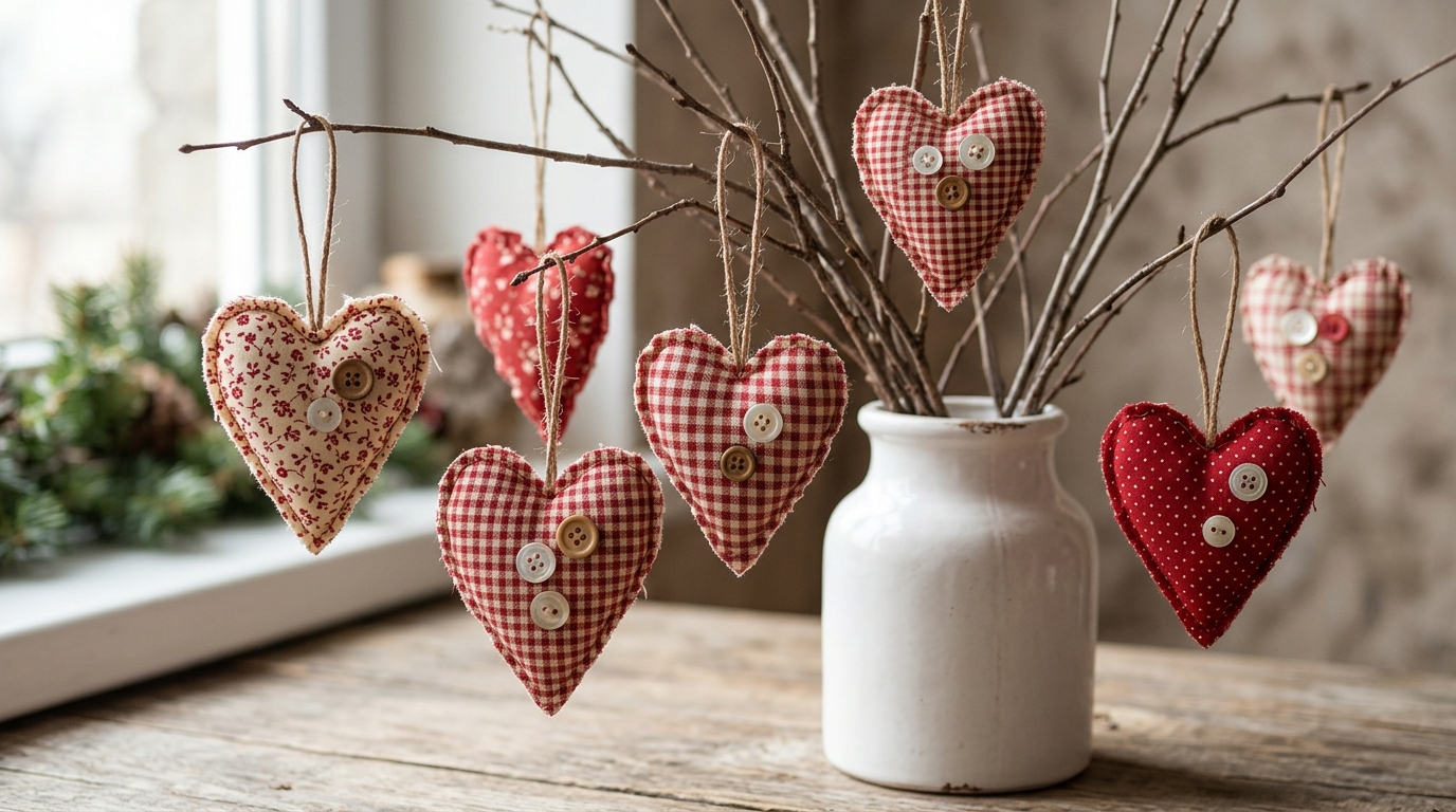 Fabric heart ornaments with buttons hanging on bare branches