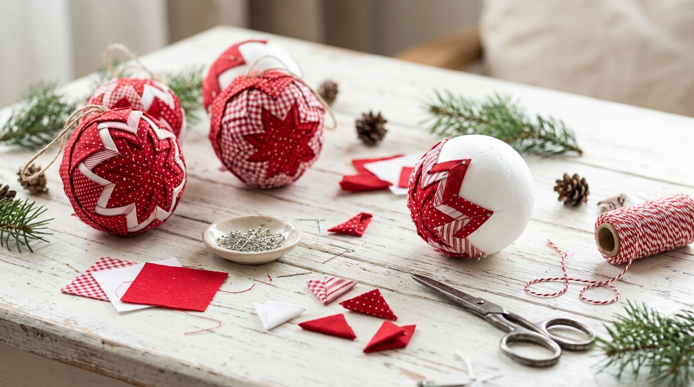 Fabric scrap Christmas crafts folded into Scandinavian style ornaments