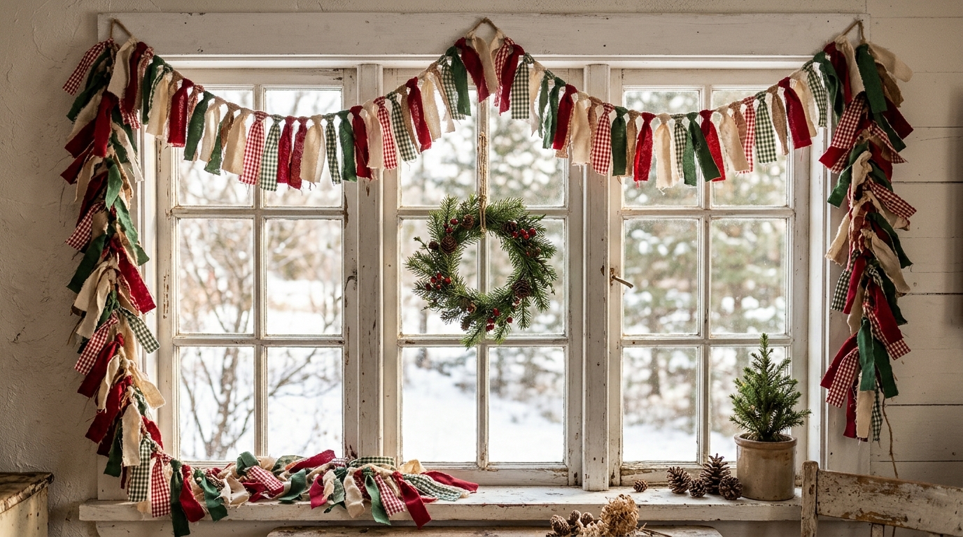 Rag garland of knotted fabric strips across a white window