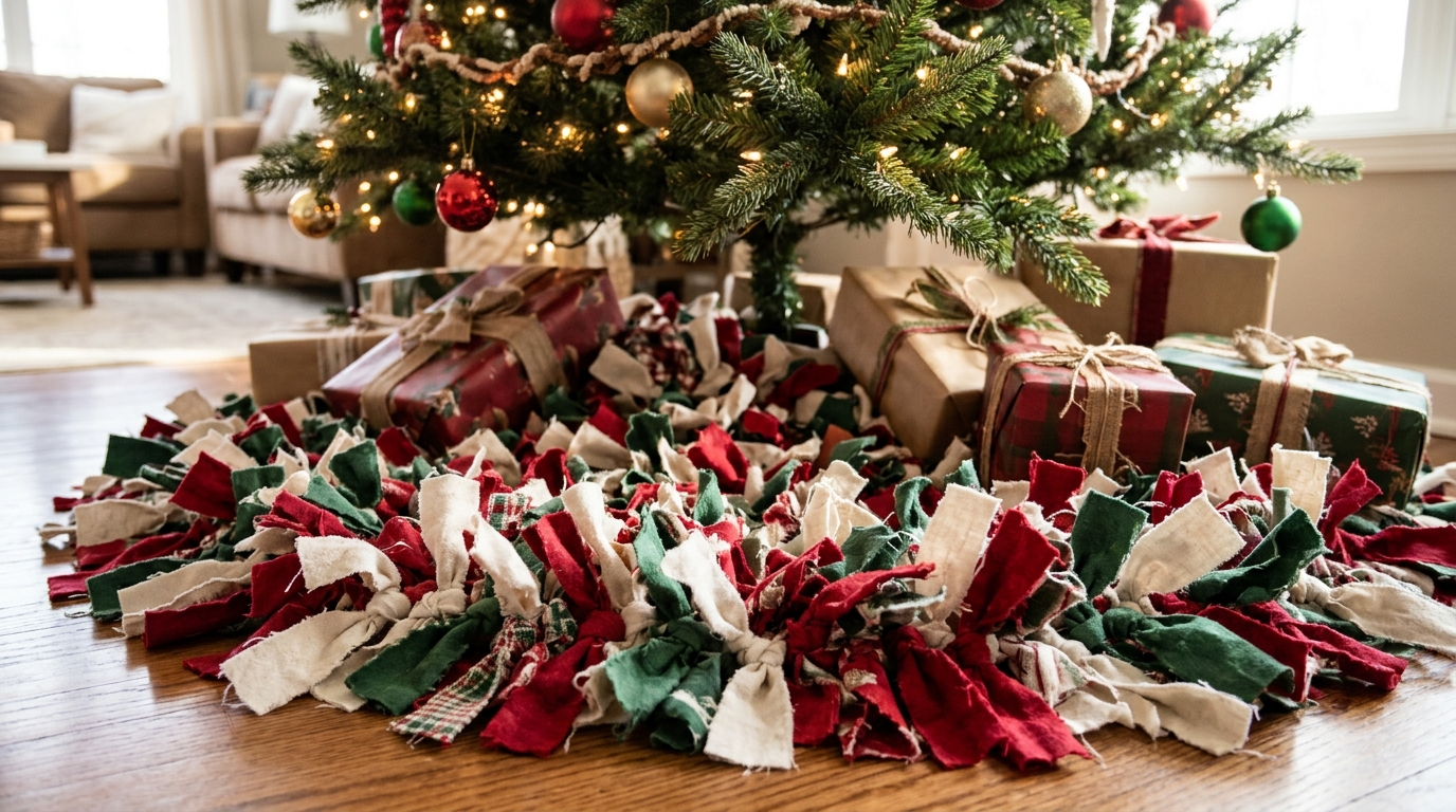 No sew tree skirt made from knotted fabric strips under a tree