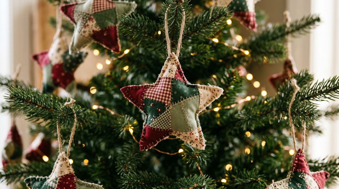 Patchwork fabric star ornaments hanging on a Christmas tree