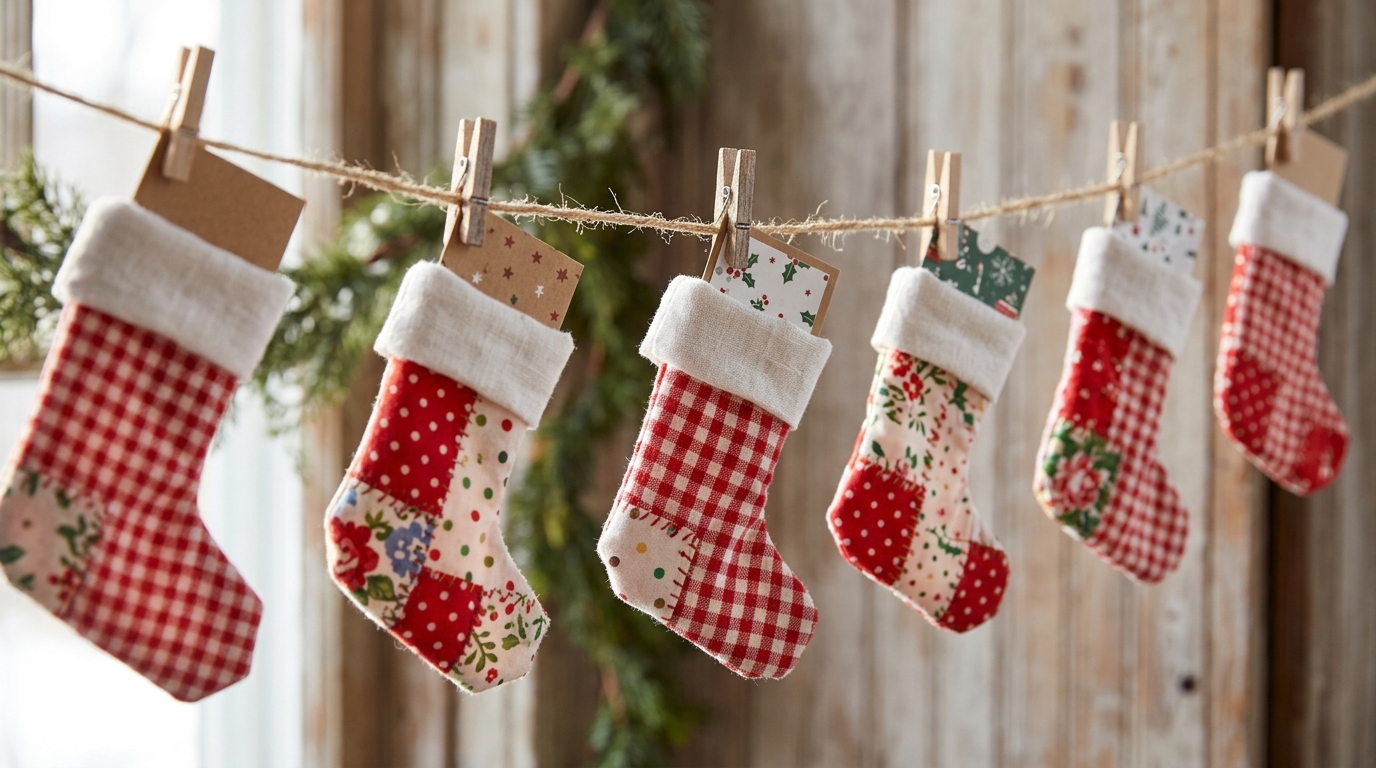 Fabric scrap Christmas crafts mini stockings holding gift cards on twine