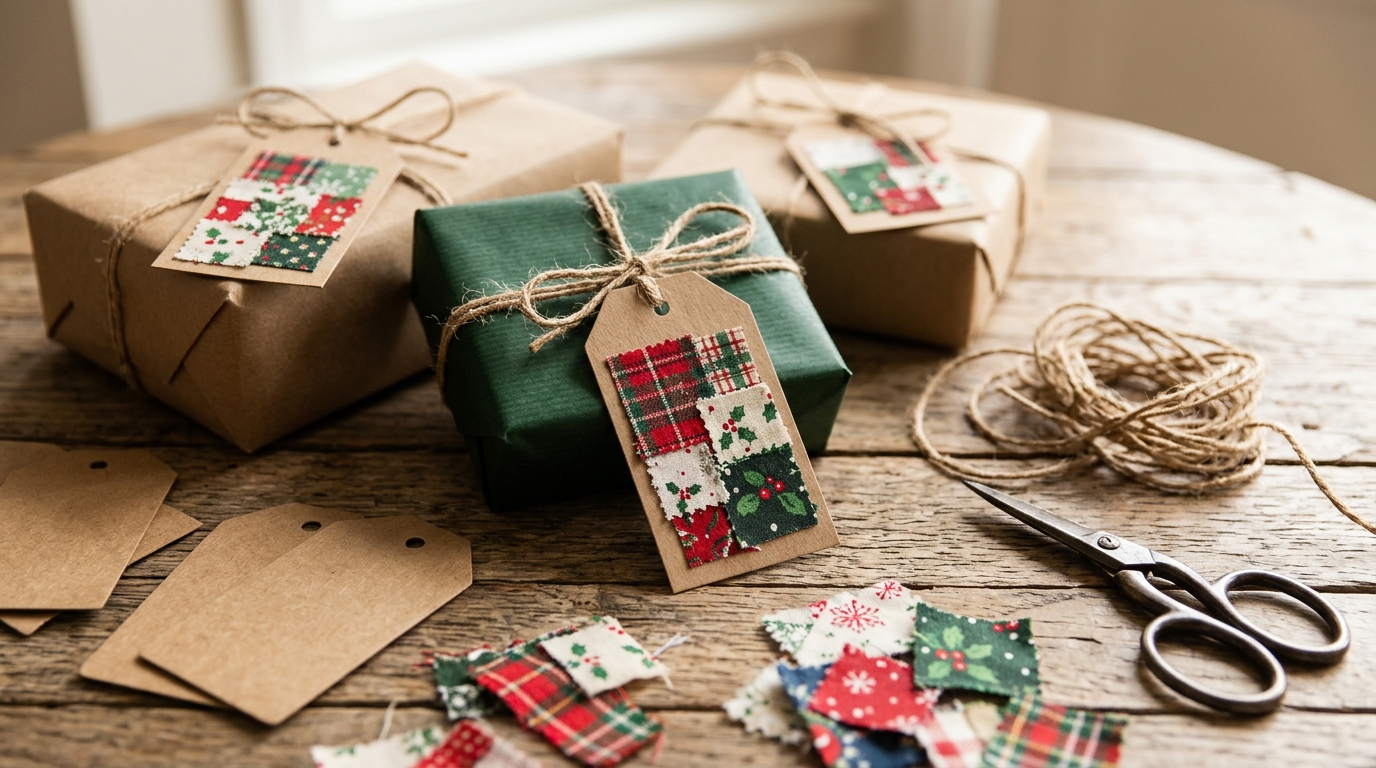 Fabric scrap Christmas crafts gift tags tied to wrapped presents